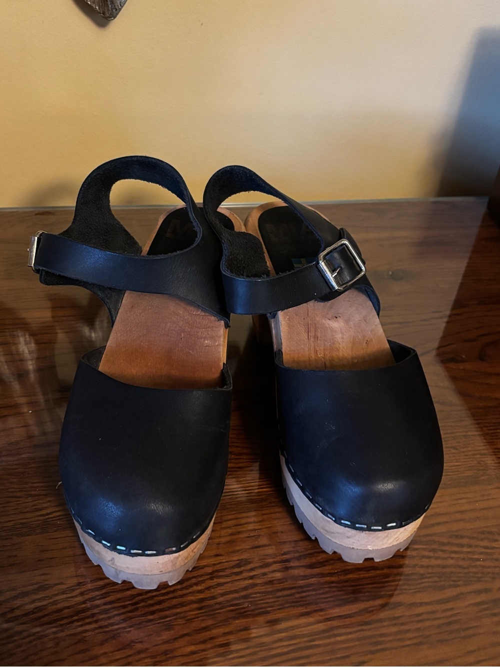 MIA Black Leather Clog Mules with Buckle Strap